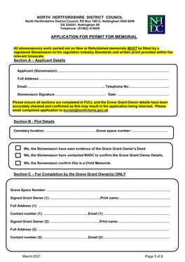 Application for Permit for Memorial