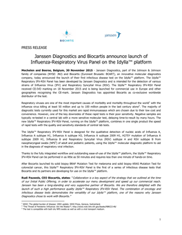 Janssen Diagnostics and Biocartis Announce Launch of Influenza-Respiratory Virus Panel on the Idylla™ Platform