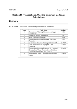 Section B. Transactions Affecting Maximum Mortgage Calculations Overview