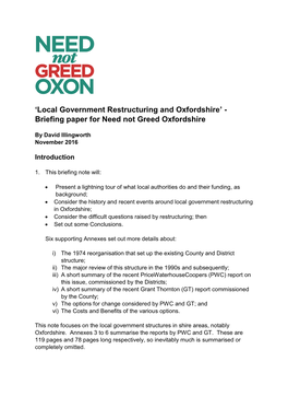 Local Government Restructuring and Oxfordshire’ - Briefing Paper for Need Not Greed Oxfordshire