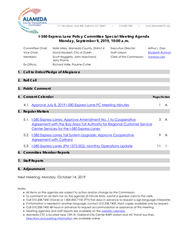 I-580 Express Lane Policy Committee Special Meeting Agenda Monday, September 9, 2019, 10:00 A.M