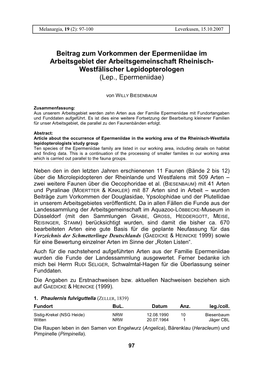 Beitrag Zum Vorkommen Der Epermeniidae Im Arbeitsgebiet Der Arbeitsgemeinschaft Rheinisch- Westfälischer Lepidopterologen (Lep., Epermeniidae)