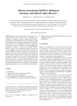 Histone Demethylase KDM2A: Biological Functions and Clinical Values (Review)