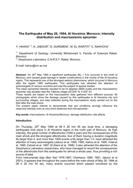 The Earthquake of May 26, 1994, Al Hoceima, Morocco; Intensity Distribution and Macroseismic Epicenter