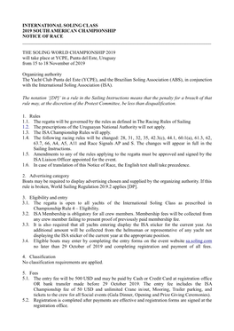 International Soling Class 2019 South American Championship Notice of Race ______