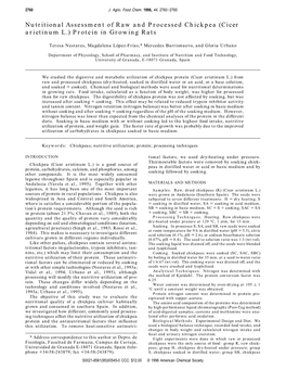 Nutritional Assessment of Raw and Processed Chickpea (Cicer Arietinum L.) Protein in Growing Rats