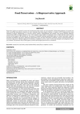 Food Preservation – a Biopreservative Approach Iraj Rasooli