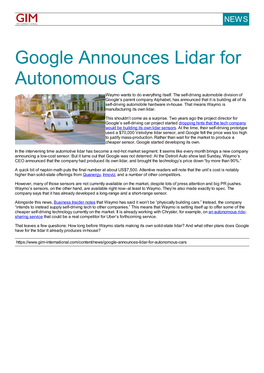 Google Announces Lidar for Autonomous Cars