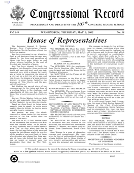 Congressional Record United States Th of America PROCEEDINGS and DEBATES of the 107 CONGRESS, SECOND SESSION