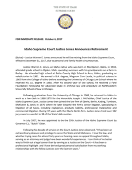 Idaho Supreme Court Justice Jones Announces Retirement