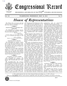 Congressional Record United States Th of America PROCEEDINGS and DEBATES of the 112 CONGRESS, SECOND SESSION