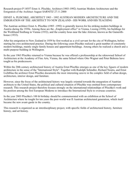 Research Project P 14557 Ernst A. Plischke, Architect (1903-1992) Austrian Modern Architecture and the Emigration of the Architect August SARNITZ 27.11.2000
