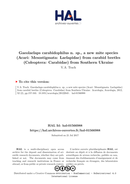 (Acari: Mesostigmata: Laelapidae) from Carabid Beetles (Coleoptera: Carabidae) from Southern Ukraine V.A