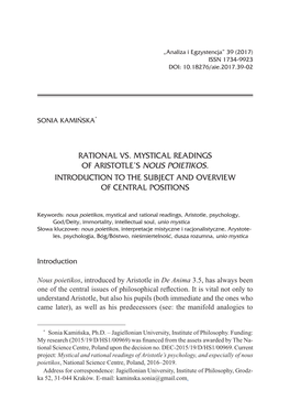 Rational Vs. Mystical Readings of Aristotle's Nous