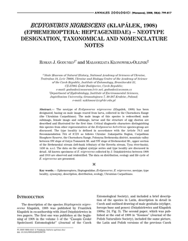 Ecdyonurus Nigrescens (Klapálek, 1908) (Ephemeroptera: Heptageniidae) – Neotype Designation, Taxonomical and Nomenclature Notes