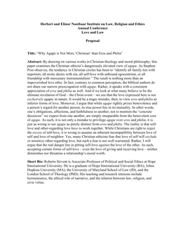 Herbert and Elinor Nootbaar Institute on Law, Religion and Ethics Annual Conference Love and Law Proposal Title: “Why Agape I