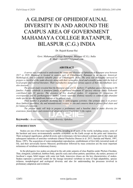 A Glimpse of Ophidiofaunal Diversity in and Around the Campus Area of Government Mahamaya College Ratanpur, Bilaspur (C.G.) India
