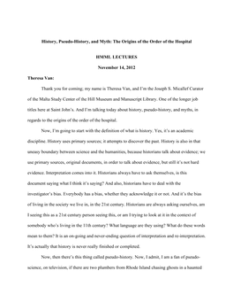 History, Pseudo-History, and Myth: the Origins of the Order of the Hospital