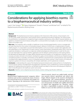 Considerations for Applying Bioethics Norms to a Biopharmaceutical Industry Setting Luann E