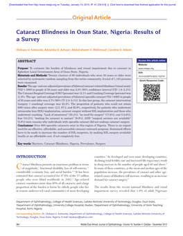 Original Article Cataract Blindness in Osun State, Nigeria: Results of A