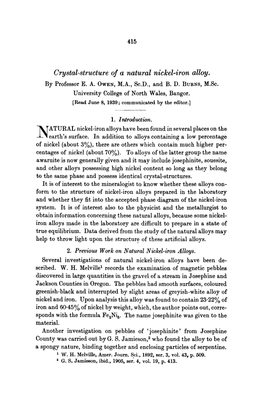 Crystal-Structure of a Natural Nickel-Iron Alloy. by Professor E