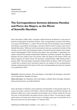 The Correspondence Between Johannes Hevelius and Pierre Des Noyers, As the Mirror of Scientiﬁ C Novelties