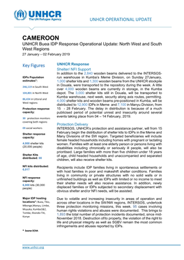 CAMEROON UNHCR Buea IDP Response Operational Update: North West and South West Regions 27 January – 02 February 2019