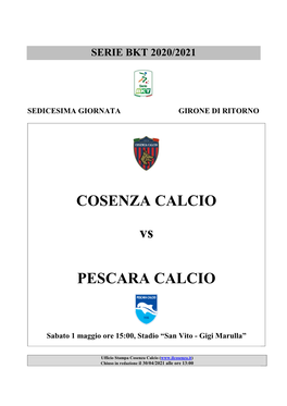 COSENZA CALCIO Vs PESCARA CALCIO