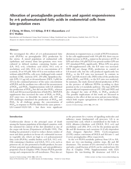 Alteration of Prostaglandin Production and Agonist Responsiveness by N-6 Polyunsaturated Fatty Acids in Endometrial Cells from Late-Gestation Ewes