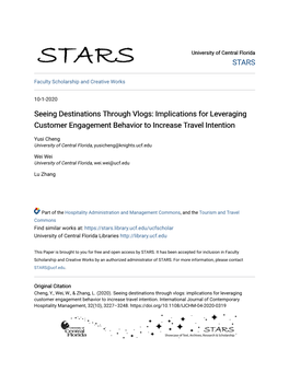 Seeing Destinations Through Vlogs: Implications for Leveraging Customer Engagement Behavior to Increase Travel Intention