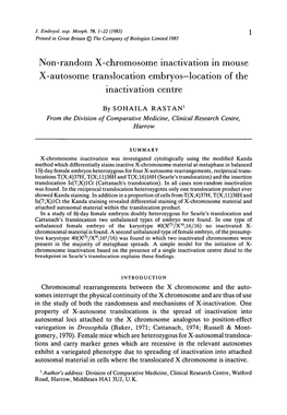 Non-Random X-Chromosome Inactivation in Mouse X-Autosome Translocation Embryos—Location of the Inactivation Centre