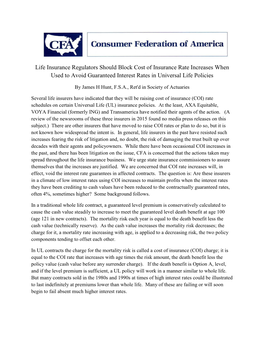 Life Insurance Regulators Should Block Cost of Insurance Rate Increases When Used to Avoid Guaranteed Interest Rates in Universal Life Policies