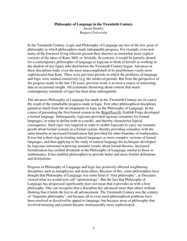 Philosophy of Language in the Twentieth Century Jason Stanley Rutgers University