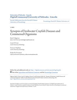 Synopsis of Freshwater Crayfish Diseases and Commensal Organisms Brett .F Edgerton James Cook University, Brettedgerton@Hotmail.Com