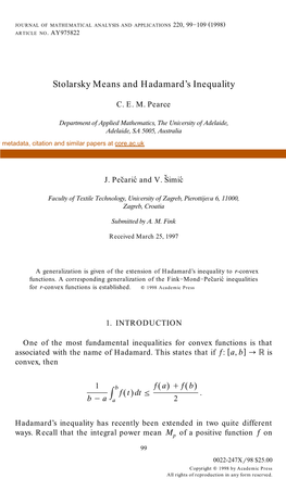 Stolarsky Means and Hadamard's Inequality