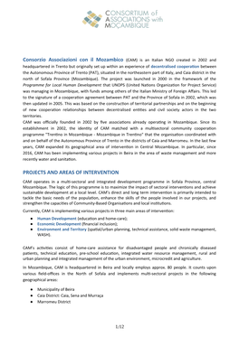 PROJECTS and AREAS of INTERVENTION CAM Operates in a Multi-Sectoral and Integrated Development Programme in Sofala Province, Central Mozambique