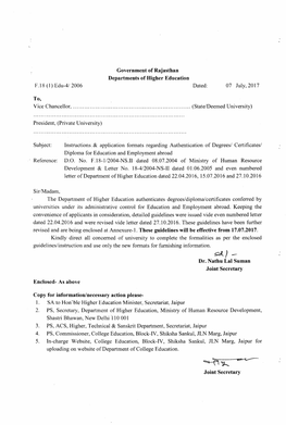 Government of Rajasthan Departments of Higher Education F.1S (1) Edu-4/ 2006 Dated: 07 July, 2017