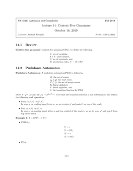 Context Free Grammars October 16, 2019 14.1 Review 14.2 Pushdown