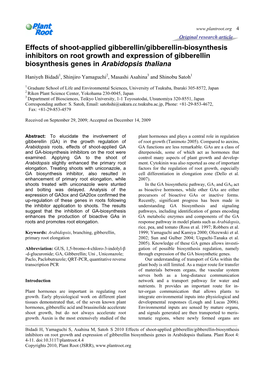 Effects of Shoot-Applied Gibberellin/Gibberellin-Biosynthesis Inhibitors on Root Growth and Expression of Gibberellin Biosynthesis Genes in Arabidopsis Thaliana