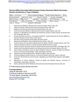 Genome-Wide Association Meta-Analysis Using a Recessive Model Illuminates Genetic Architecture of Type 2 Diabetes Mark J