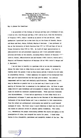 Testimony of Paul R. Verkuil Before the Oomnittee on the Judiciary, United States Senate, in Support of the Nomination of Antonin Scalia August 6, 1986