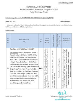 BANSBERIA MUNICIPALITY Rudra Main Road, Bansberia, Hooghly – 712502 Notice Inviting E-Tender