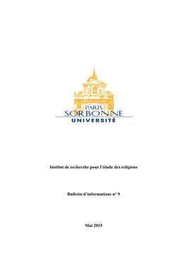 Institut De Recherche Pour L'étude Des Religions Bulletin D'informations N° 9