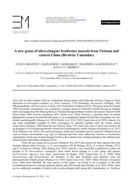 A New Genus of Ultra-Elongate Freshwater Mussels from Vietnam and Eastern China (Bivalvia: Unionidae)