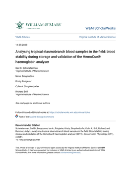 Analysing Tropical Elasmobranch Blood Samples in the Field: Blood Stability During Storage and Validation of the Hemocueâ®