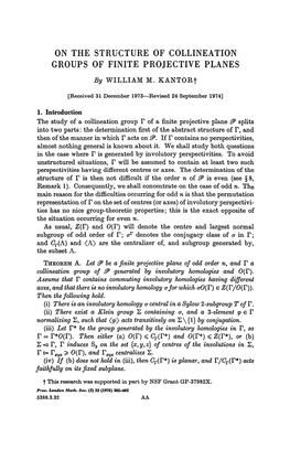 ON the STRUCTURE of COLLINEATION GROUPS of FINITE PROJECTIVE PLANES by WILLIAM M