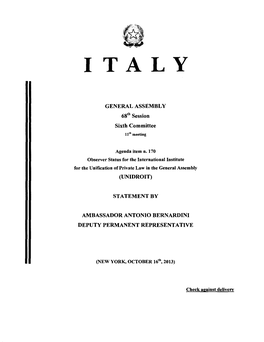 Italy Statement (Introduction of Drfat Resolution) -- Observer Status for the International Institute for the Unification Of