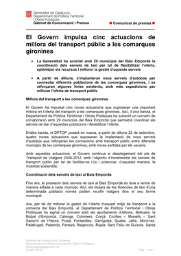 El Govern Impulsa Cinc Actuacions De Millora Del Transport Públic a Les Comarques Gironines
