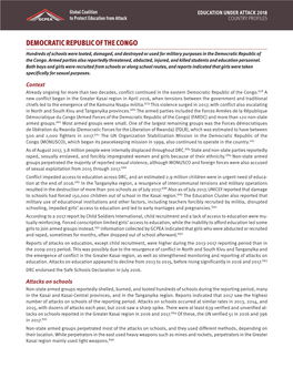 DEMOCRATIC REPUBLIC of the CONGO Hundreds of Schools Were Looted, Damaged, and Destroyed Or Used for Military Purposes in the Democratic Republic of the Congo