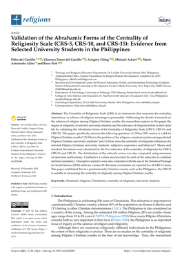 Validation of the Abrahamic Forms of the Centrality of Religiosity Scale (CRS-5, CRS-10, and CRS-15): Evidence from Selected University Students in the Philippines